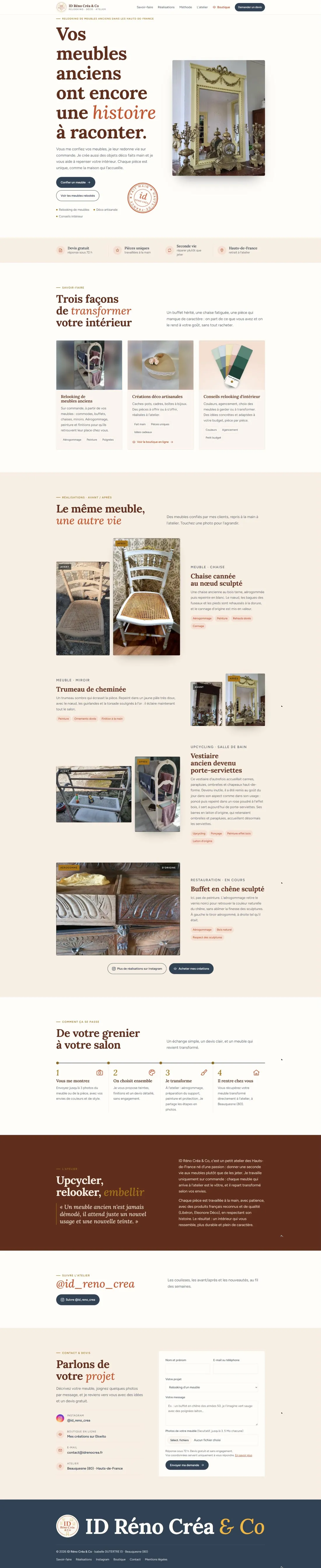 Page d'accueil complète d'idrenocrea.fr : présentation, savoir-faire, réalisations avant / après, méthode en quatre étapes, atelier, Instagram et formulaire de devis